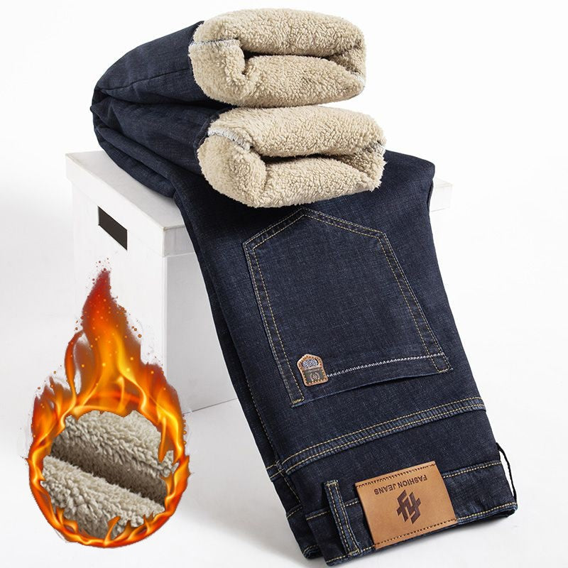 Men Winter Fleece Lined Thickened Warm Jeans Male Fashion Loose Straight Slim Fit Denim Pants Smart Casual Comfortable Trousers