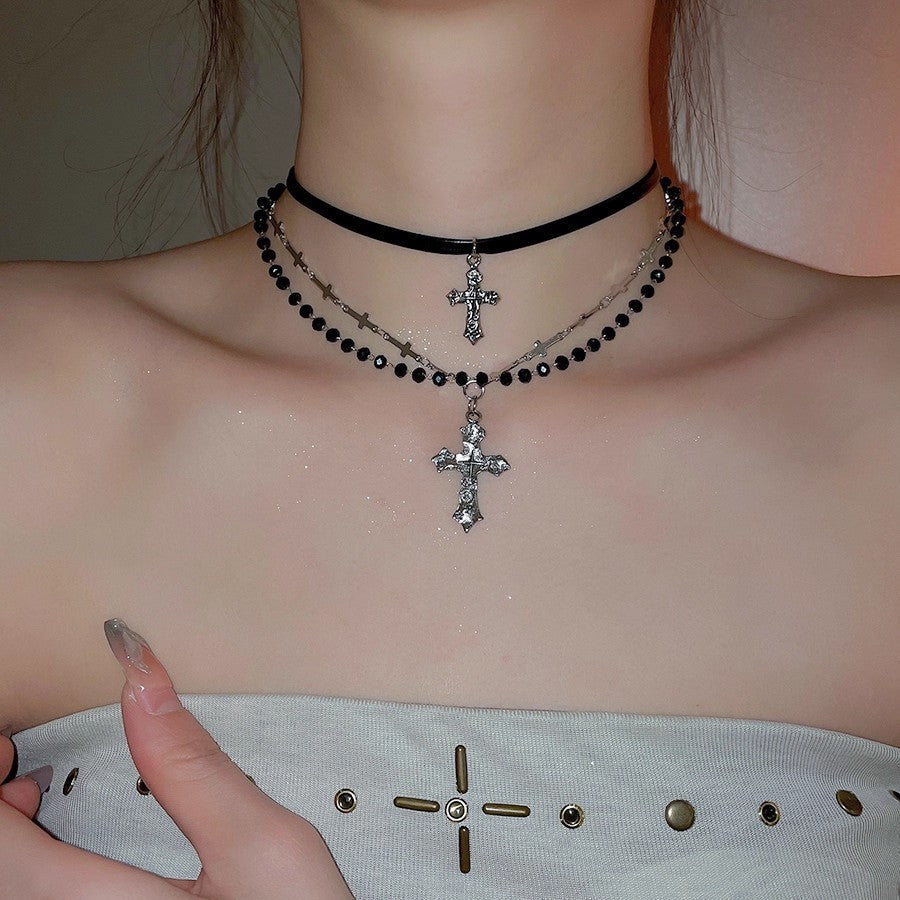 Gothic Punk Y2K Black Cross Pendant Necklace for Women Men 2025 Vintage Multi Layer Bead Necklaces 90s EMO Charm Jewelry Gifts
