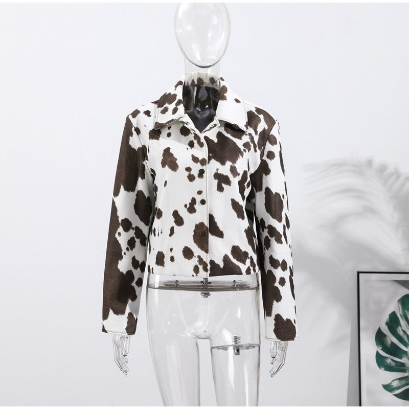 Fashion Women's Cow Print Jacket Lapel Collar Short Length Zipper Button Coats 2025 Autumn Winter Female Trendy Warm Outerwear