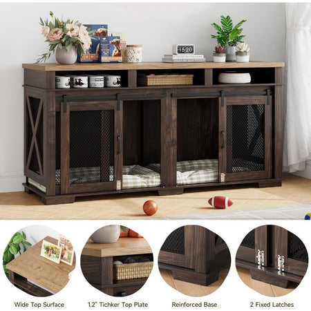 71" Dog Crate Furniture for 2 Dogs, Dog Kennel with 3 Storage Drawers & Removable Divider, Extra Large Double Dog Cage As TV Sta
