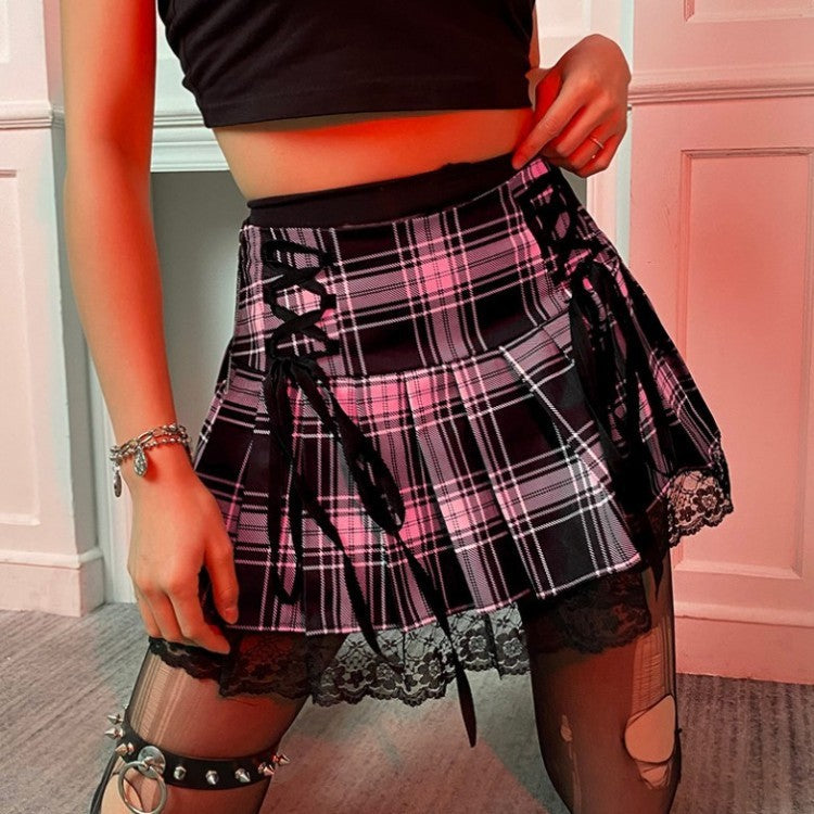 Gothic Retro Dark Lace Up High Waist Plaid Print Mini Skirts Women Vintage Harajuku High Waist Lace Ruffles Y2K Aesthetic Skirt