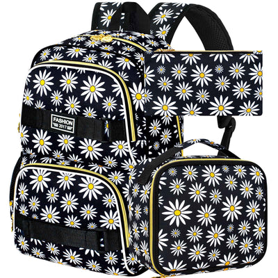 3PCS Daisy Girls Backpack, 17 Inch Laptop School Bookbag Teen College Water Resistant Kids Backpacks with Lunch Box Set - Grey