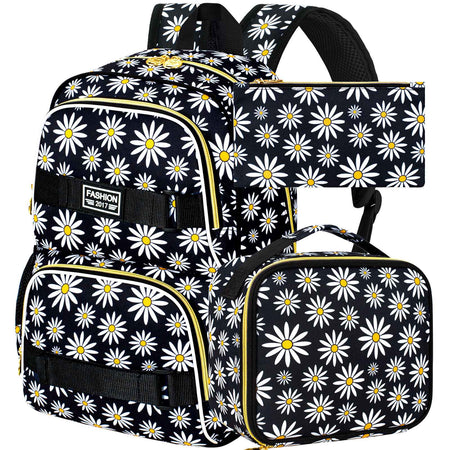 3PCS Daisy Girls Backpack, 17 Inch Laptop School Bookbag Teen College Water Resistant Kids Backpacks with Lunch Box Set - Grey