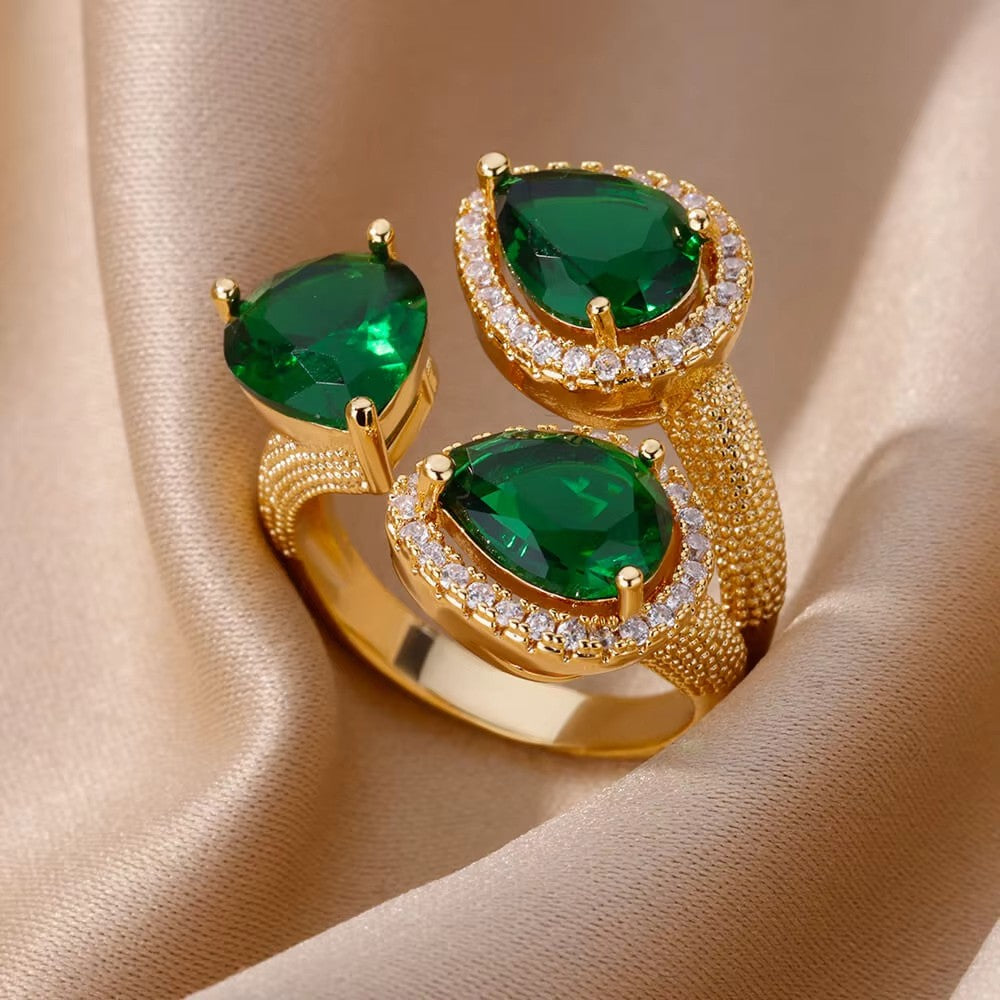 Luxury Stainless Steel Rings Gold Plated Colorful Stone Zircon Crystal Heart Ring For Women Wedding Boho Jewelry Christmas Gift