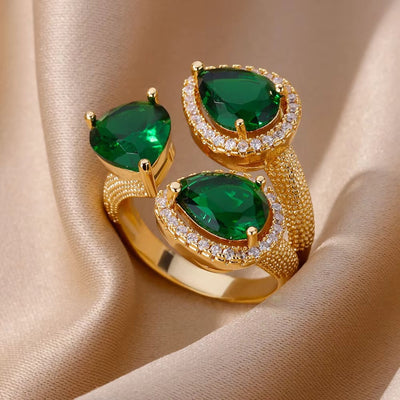 Luxury Stainless Steel Rings Gold Plated Colorful Stone Zircon Crystal Heart Ring For Women Wedding Boho Jewelry Christmas Gift