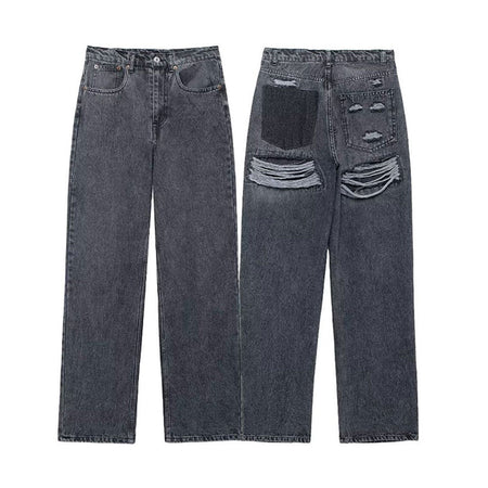 HH 2024 Women's Street Fashion Denim Blue Jeans Distressed Patchwork High Waist Zipper Fly Ripped Retro Long Pants