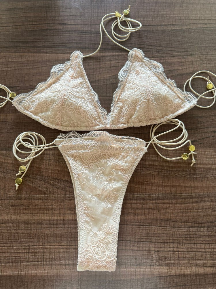 ZRTAK Micro Thong Triangle Swimwear Sexy Lace Bikini Set 2025 Swimsuit Women 2 Piece Beachwear Bandage Bathing Suits Beach Wear