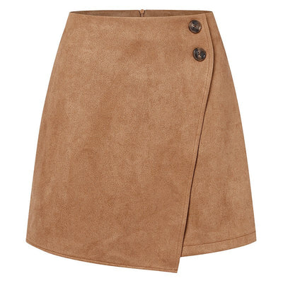 Chic Faux Suede Mini Skirts Women Design Irregular Button Skirts Woman Spring Autumn High Waist Zipper Up A-Line Skirt Ladies