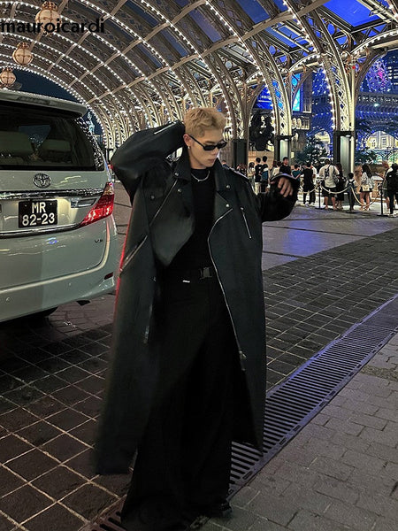 Mauroicardi Spring Autumn Oversized Cool Extra Long Black Pu Leather Trench Coat Men Zipper Loose Luxury European Fashion 2023