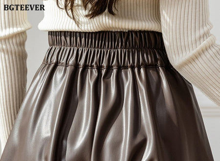BGTEEVER Spring Autumn Loose PU Leather A-line Skirts Women Elegant High Waist Pleated Faux Leather Skirts Female