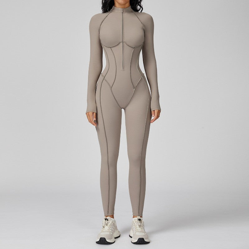 Women's Yoga Jumpsuit Long Sleeved Stand Collar Half Zip High-Intensity Workout One Piece Contrast Color Gym Fitness BodySuit