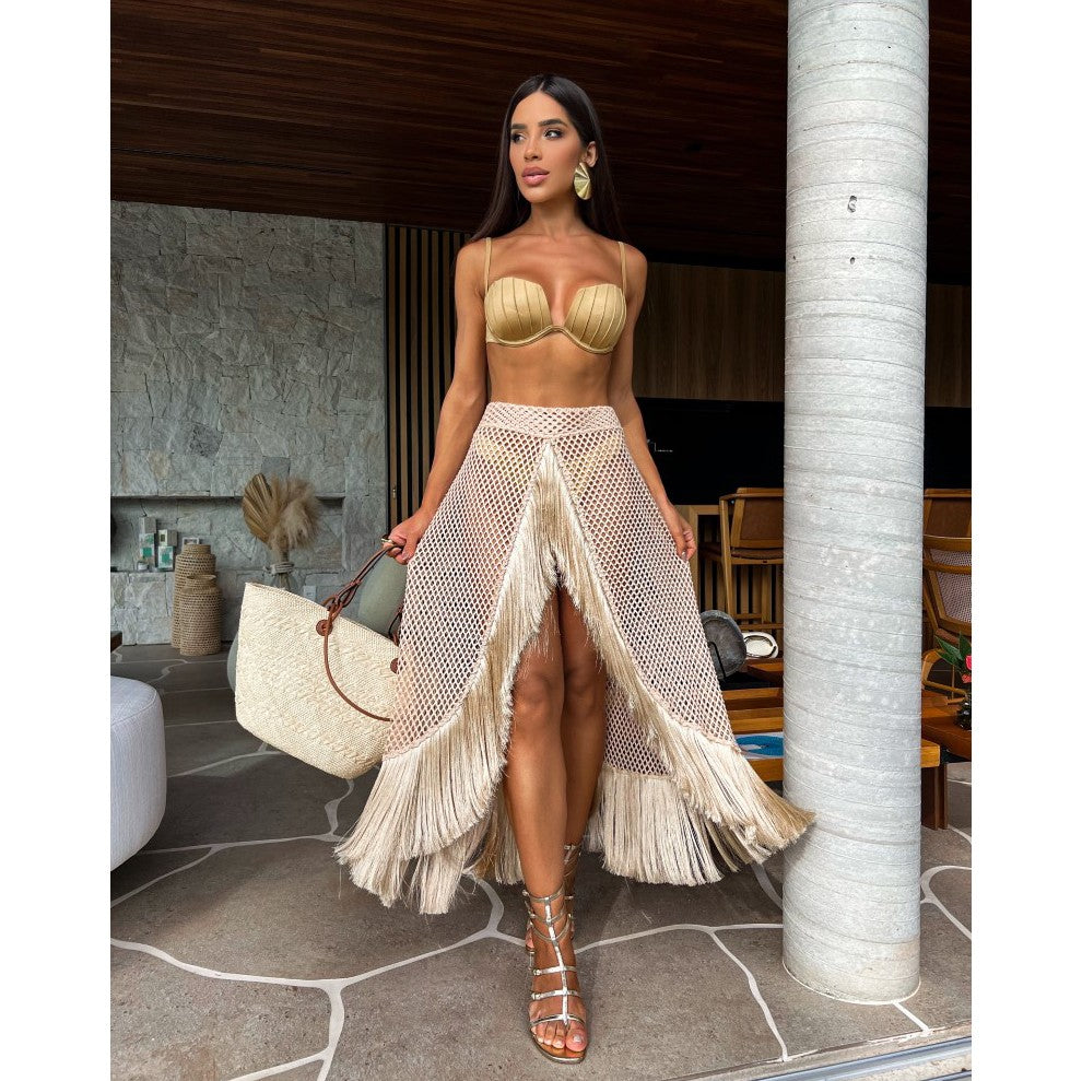 Swimsuit 3 Pcs Set with Tassel Skirt Bikini Women Swimsuit Button High Waist Swimwear Bathing Suit Beachwear Biquini
