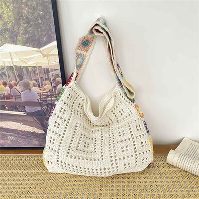 Women's Boho Crochet Bag Designer Flowers Knitted Handbags Large Capacity Summer Beach Woven Shoulder Bag Girls Tote Shopper Bag