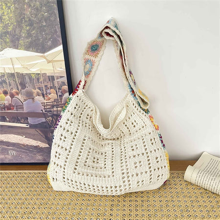 Women's Boho Crochet Bag Designer Flowers Knitted Handbags Large Capacity Summer Beach Woven Shoulder Bag Girls Tote Shopper Bag