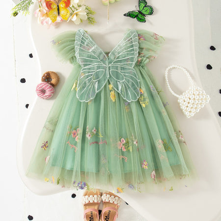 Summer New Sweet Butterfly Wing Baby Girl Princess Dress, Floral Chiffon Wedding Party Children'S Sleeveless Clothes (0-4 Years?