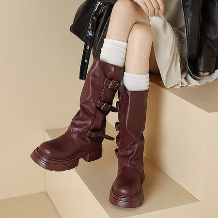Pleated Buckle Knight Boots for Women Autumn Brown PU Leather Mid Calf Boots Woman Slip-On Thick Heel Riding Botas Mujer 2024