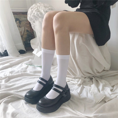 JK Women Black White Knee High Lolita Socks Lady Girls Over Knee Cute Long Sock Thin Breathable Solid Color Stockings For Women