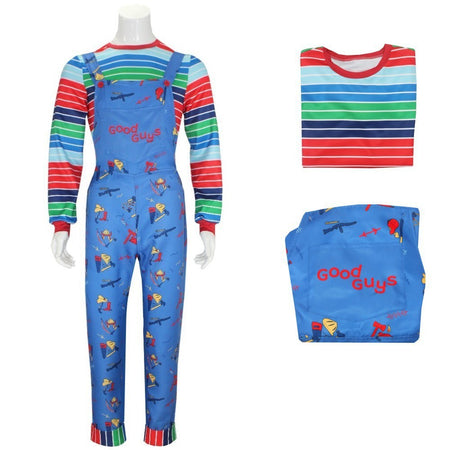 Movie Horror  Chucky  Adult Chucky Cosplay Costume with Striped Shirt and Jumpsuit for Chucky Overalls Halloween Costumes