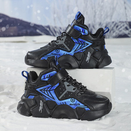 Winter Children's Fashion Sports Shoes Leather Boys' Running Sneakers Flat Casual Walking Shoes Warm Lightweight Outdoor Boots
