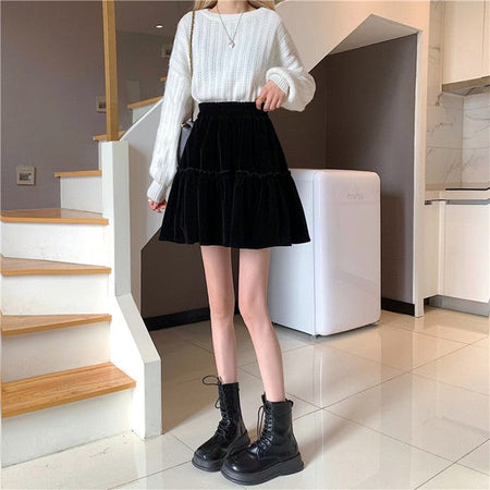 Black Velvet Patchwork Mini Skirt Women Sweet Solid A Line High Waist Skirt Fashion Pretty Style Pleated Summer Student Skirt
