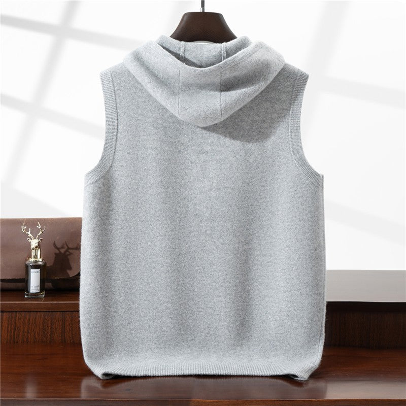 Autumn Winter Thickened Warm 100% Pure Wool Vest Men's Vest with Hood Zipper Cardigan Casual Pocket Sweater Jacket