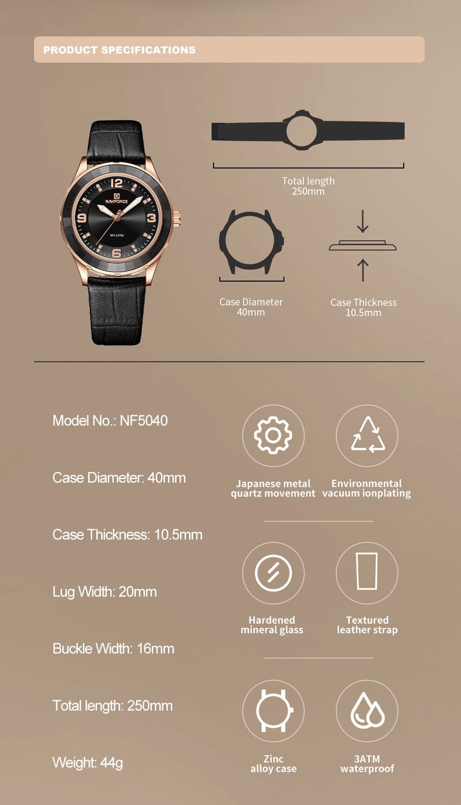 Naviforce 5040 Original New Woman Black Leather Classic Watch Ladies Girls Wristwatch Elegant Quartz Women's Watches