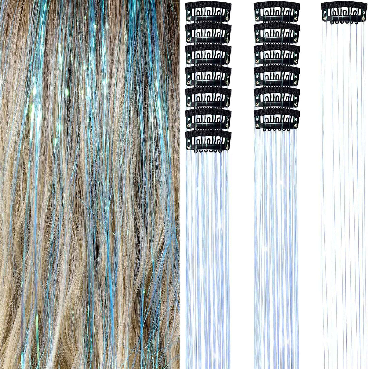 6Pcs 50cm Sparking Shiny Hair Tinsel Hair Extensions Tinsel Synthetic Hair Clip  Extensions Women for Braiding Headdress