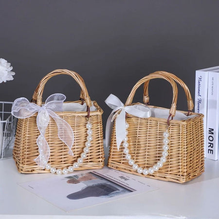 Straw Tote Hand Bags Summer Pearl Handle Handmade Knitted Handbag Storage Rattan Weaving Basket Shoulder Bag Women Girls