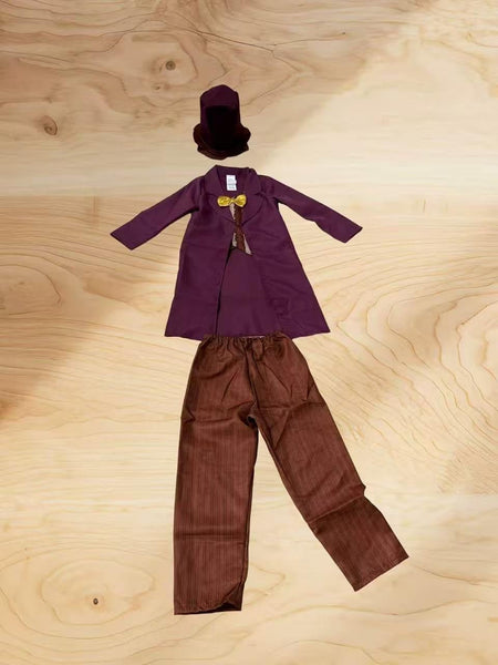 Kids Vintage Top Hat Long Formal Suit, Burgundy British Style Waistcoat Bow Tie Full Outfit For Halloween Fairy Tale Party Perfo