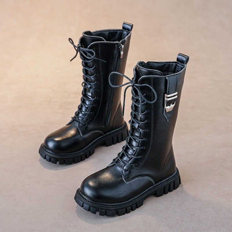 Elegant Zipper Baby Girl Casual Fashion Boots Autumn/winter Round Toe Warm Thick Sole Lace Comfortable Children's Midsole Boots