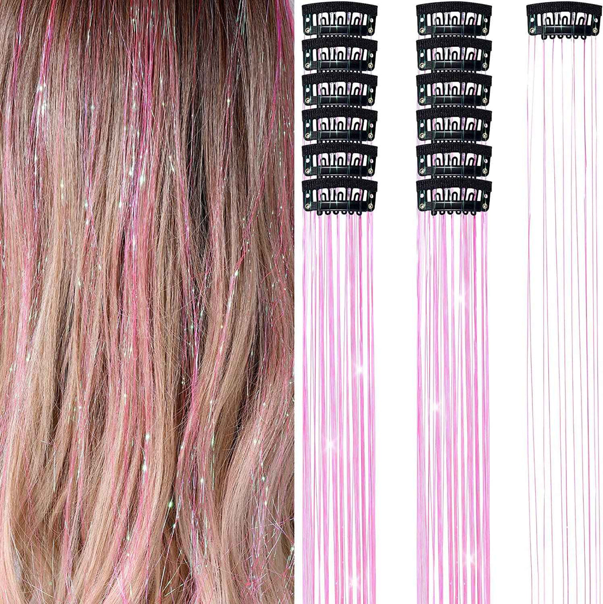 6Pcs 50cm Sparking Shiny Hair Tinsel Hair Extensions Tinsel Synthetic Hair Clip  Extensions Women for Braiding Headdress