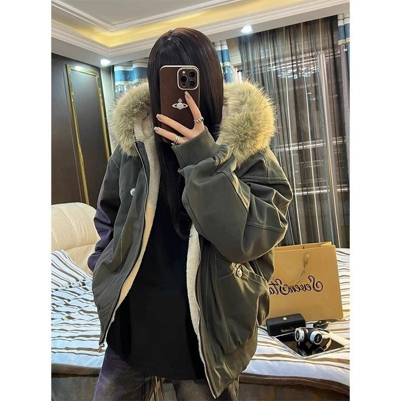 American Street Fur Collar Zipper Hooded Jacket Women Autumn Winter Retro New Velvet Thickened Warm Fashion Loose Casual Jacket