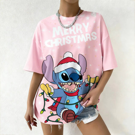 Women's Disney Stitch Christmas Tee Summer Oversized Short Sleeve Top Streetwear Daily Fashion & Trendy Outfits Casual T-Shirt