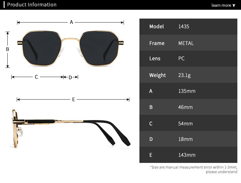 New European and American Style Men's Aviator Glasses, Retro Metal Square Frame Sunglasses, Cross-Border Ready Stock 1435