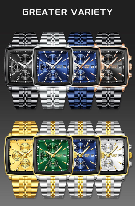 LIGE Top Brand Luxury Mens Watches Fashion Military Square Chronograph Quartz Wristwatches For Men Sports Waterproof Watch Men
