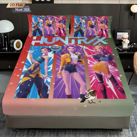 3pcs K-Pop Demon Hunters Printed Chipless Bed Sheet Set with Multiple Sizes Bed Cover Bedding Decoration Machine Washable