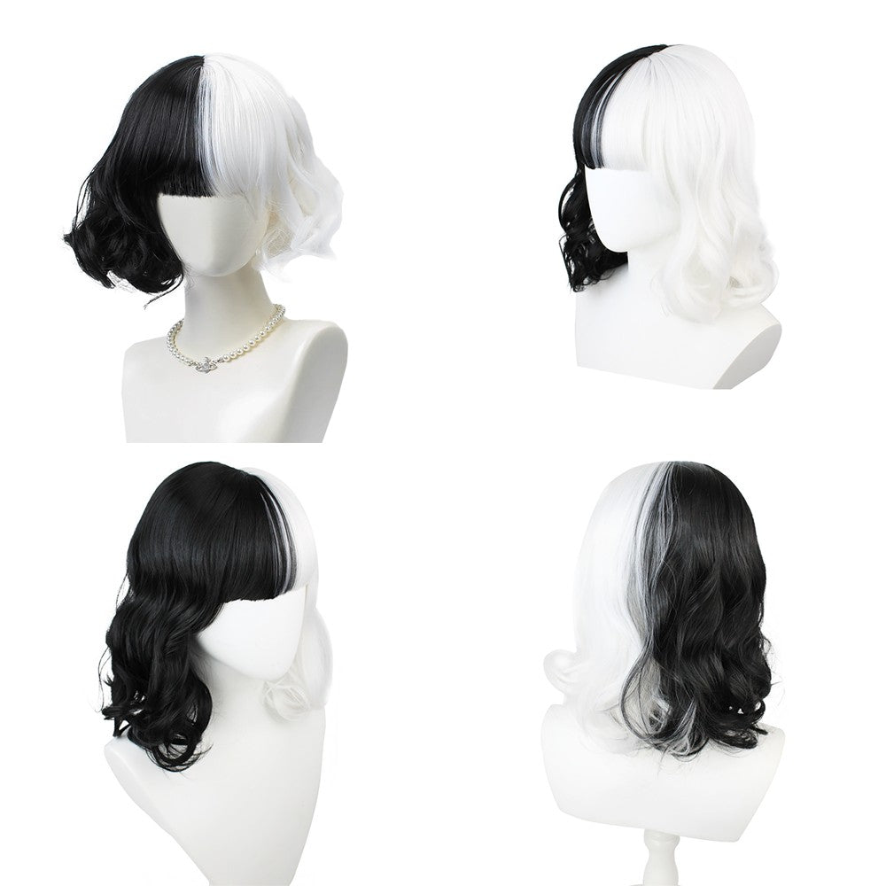 Half-Black And Half-White Cruella Cosplay Synthetic Hair 12-Inch Short Curly Hair Halloween Daily Party With Bangs Wig