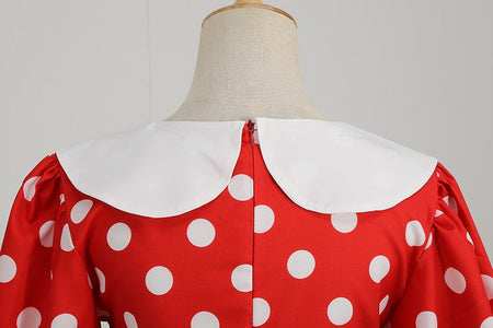Elegant Women Summer Dress Puff Short Sleeve Polka Dot Peter pan Collar Vintage A-line Midi Long Party Sundress