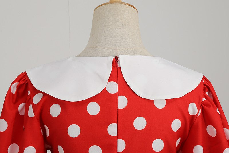 Elegant Women Summer Dress Puff Short Sleeve Polka Dot Peter pan Collar Vintage A-line Midi Long Party Sundress