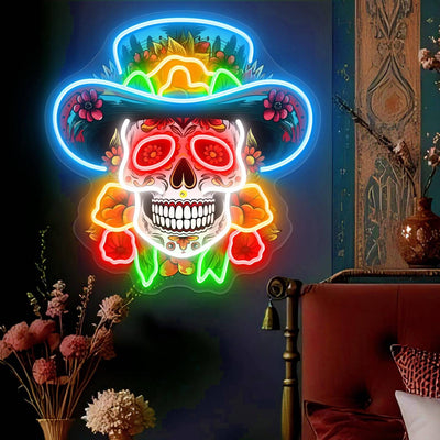 Day of the Dead Sugar Skull Neon Sign Mexican Sugar Skull Art Sign Día de los Muertos LED Light Sign for Home & Party Decor