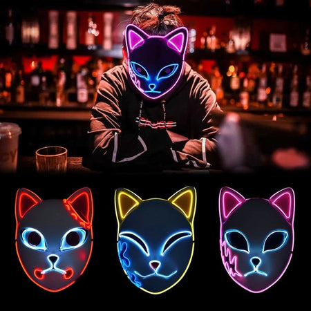 2024 Halloween Neon Mask Cosplay Japanese Anime Neon LED Demon Slayer Mask Halloween Party Costume Props