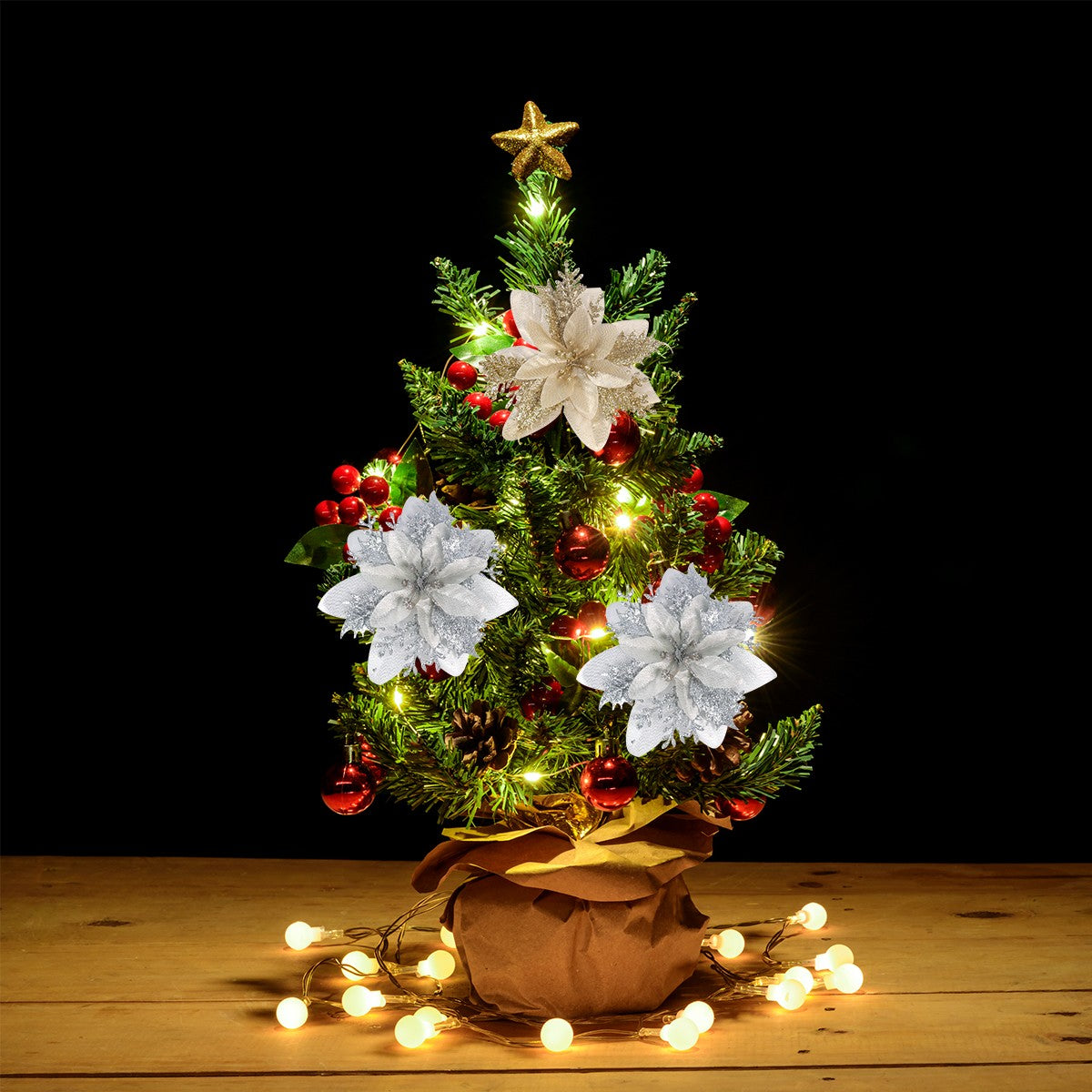 1/5/10pcs Sparkling Red Golden Silver Poinsettia Artificial Flowers Christmas Tree Ornaments for Xmas New Year party Decoration