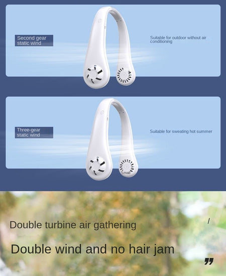 2025 Long endur New Mini Neck Mounted Fan Portable Bladeless Neck Rechargeable Air Cooler 3 Speed Mini Summer Sports Fan Outdoor