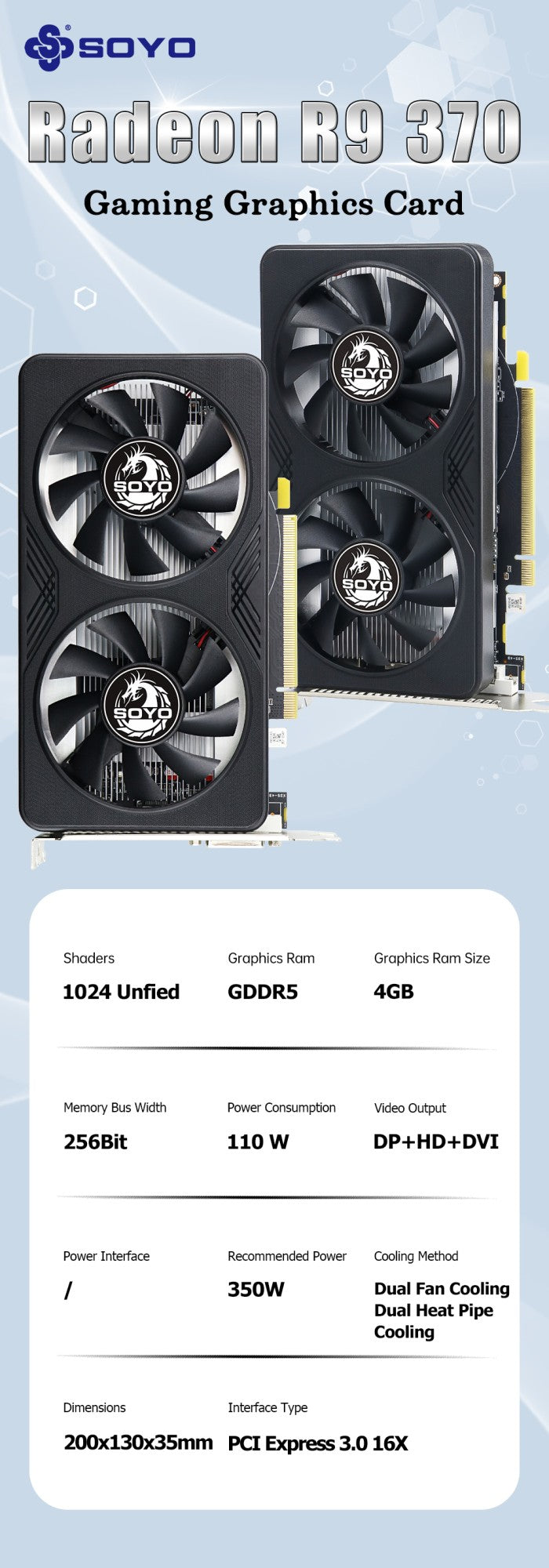 SOYO R9 370 Graphics Cards 4G DDR5 256bit HDMI compatibility+DP+DVI For Desktop Gaming Computer Components GPU Video Card