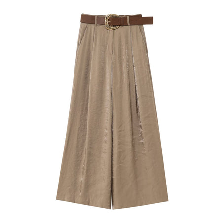 HH Women New Fashion Solid Belt Wrinkles Decorate Casual Loose Trousers Female Chic Zipper Side Pocket Slim Wide Leg Pants