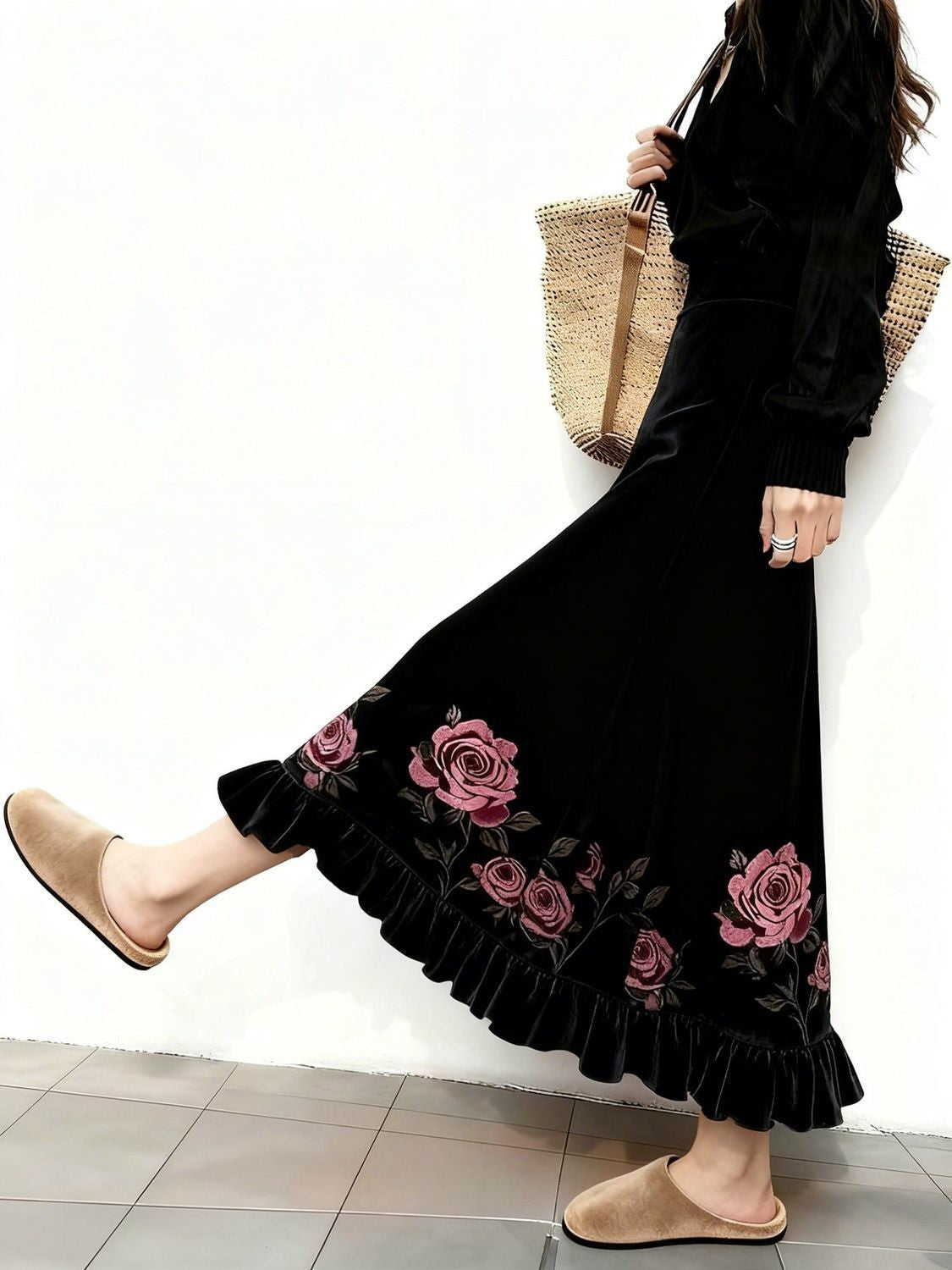 Women Clothes Autumn Winter Fashion Simplicity All-match Printing Solid Color Female Temperament Pleuche High Waist A-line Skirt