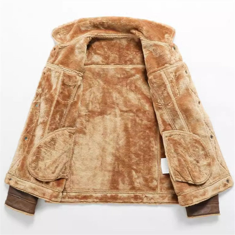 Winter Men's Suede Leather Coat High Quality Thick Fleece Warm Leather Jacket Fashion Turn Down Collar Male Loose Casual Coats