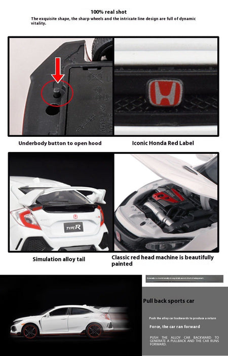 1:32 Honda Civic Type-R Alloy Sports Car Diecast Metal Model Car Central Control Ornaments Miniature Car Model Kids Toys Present