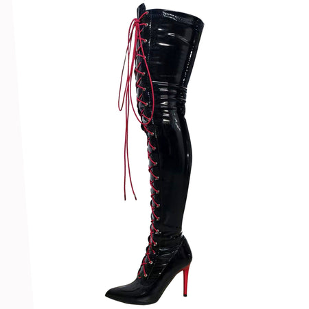 13CM Thin Heel Black Lace-up Over the knee Boots Woman Fetish Pointy Toe Boots Elastic Leather Thigh High Sexy Women Party Shoes