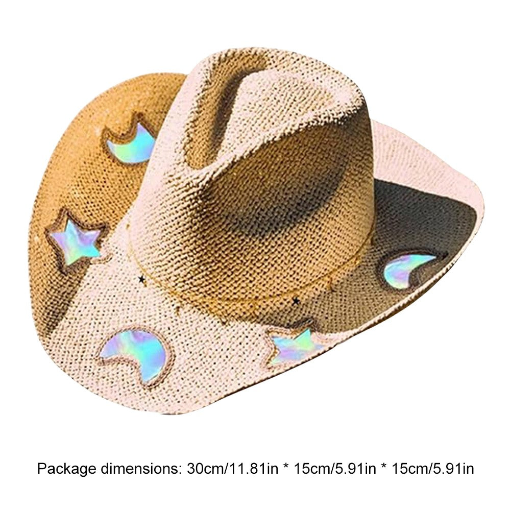 Suncatcher Cowgirl Straw Prism Hat Cowboy Hat Handmade Weave Women Straw Cap Wide Brim Women's Fashion Sun Hat for Summer Beach